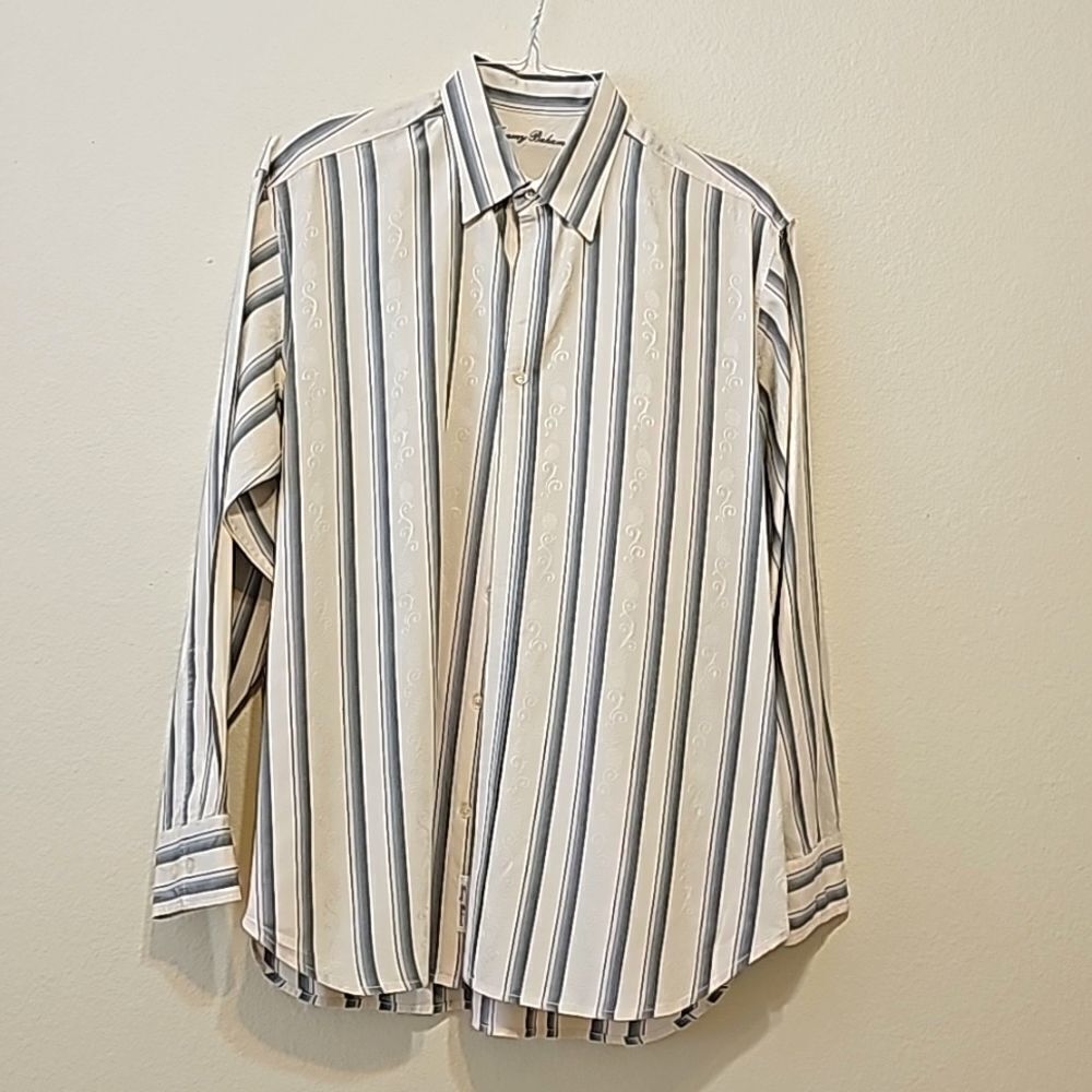 Tommy Bahama Stripe Button Down Shirt Silk Cotton Blend Casual Men's L